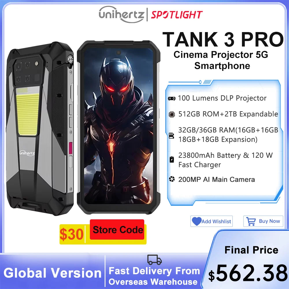 US EU MX Warehouse Unihertz Tank 3 Pro 8849 with 100 Lumens 5G Projector phone,32GB/36GB RAM,512GB ROM,23800mAh 120W,200MP, NFC Lootquake LLC