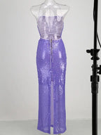 New Sexy Sleeveless Backless Lace-up Slim Long Dress Summer Elegant Pleated Backless Bright Sequins Dress Luxury Evening Dresses