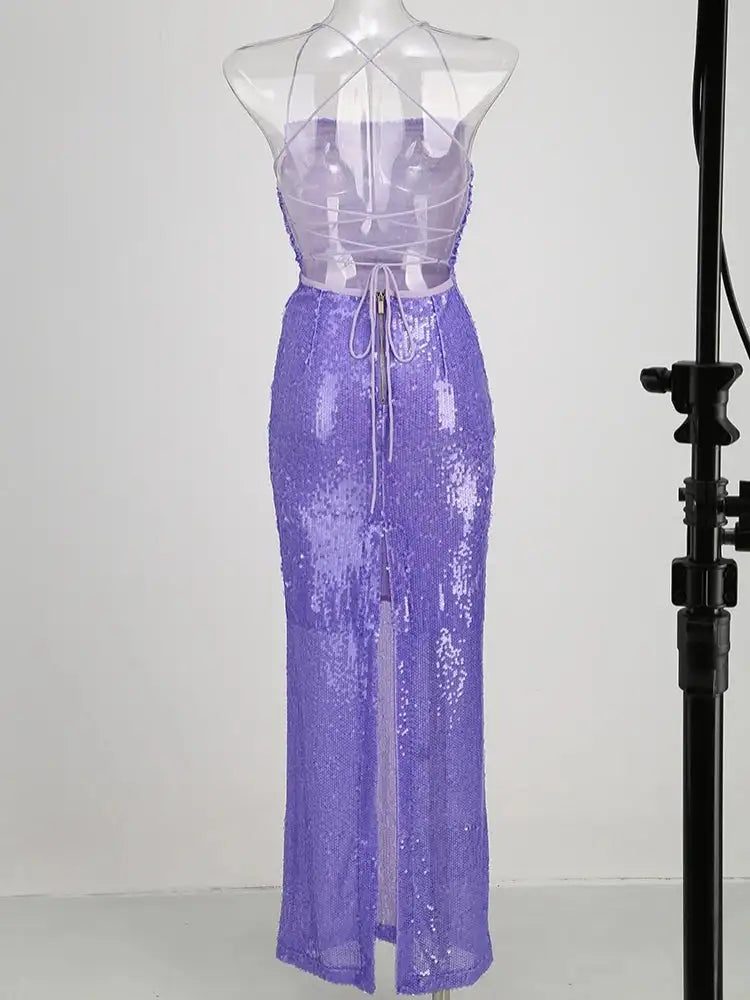 New Sexy Sleeveless Backless Lace-up Slim Long Dress Summer Elegant Pleated Backless Bright Sequins Dress Luxury Evening Dresses