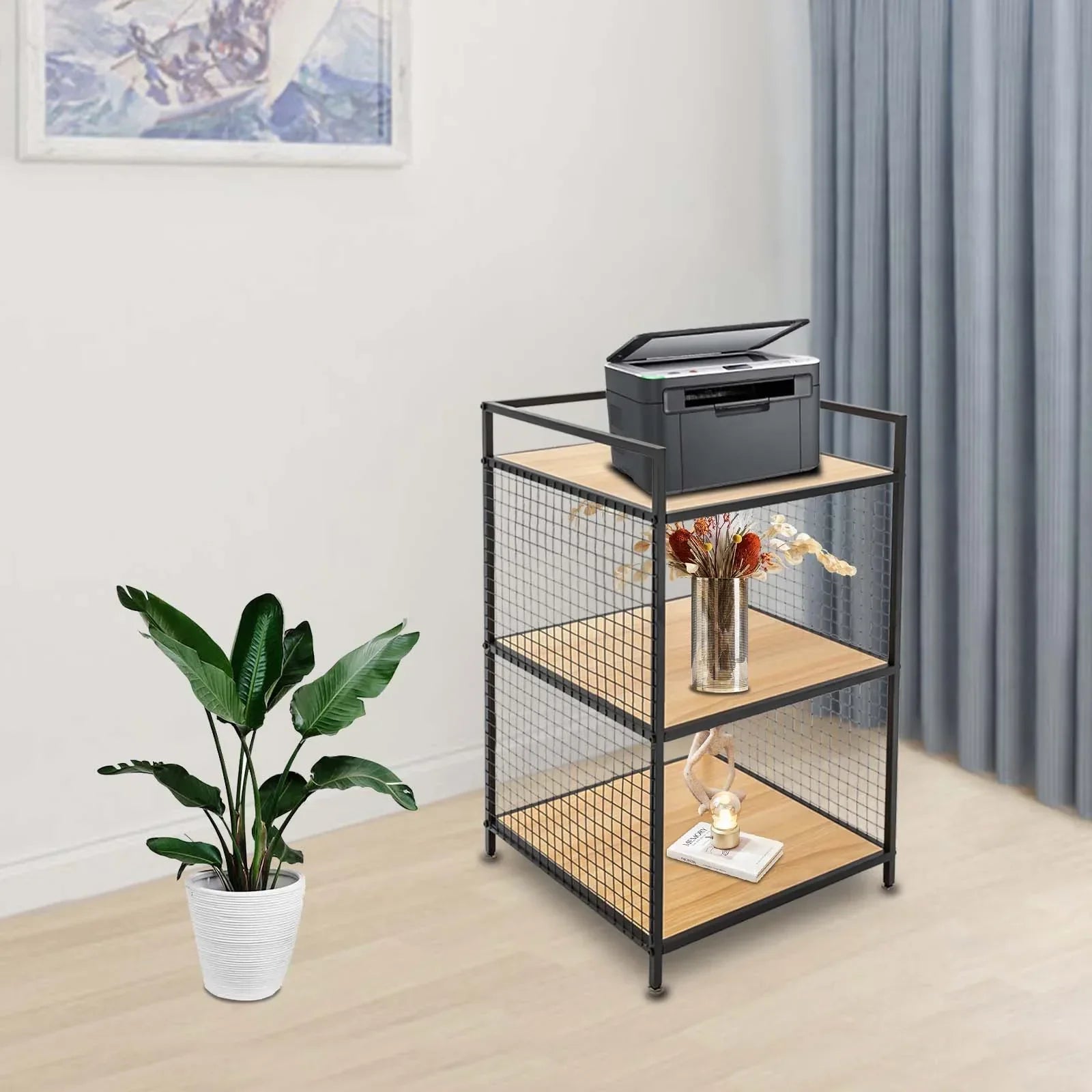 3-Tier Printer Stand Solid Wood & Iron, 44lbs Capacity, Space-Saving Design, Ideal for Office & Home Storage, Durable & Stylish Lootquake LLC