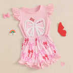 Cute Matching Baby Toddler Brother Outfit Bow Fly Sleeve Tops Elastic Waist Ruffle Shorts 2 Piece Summer Set for Siblings