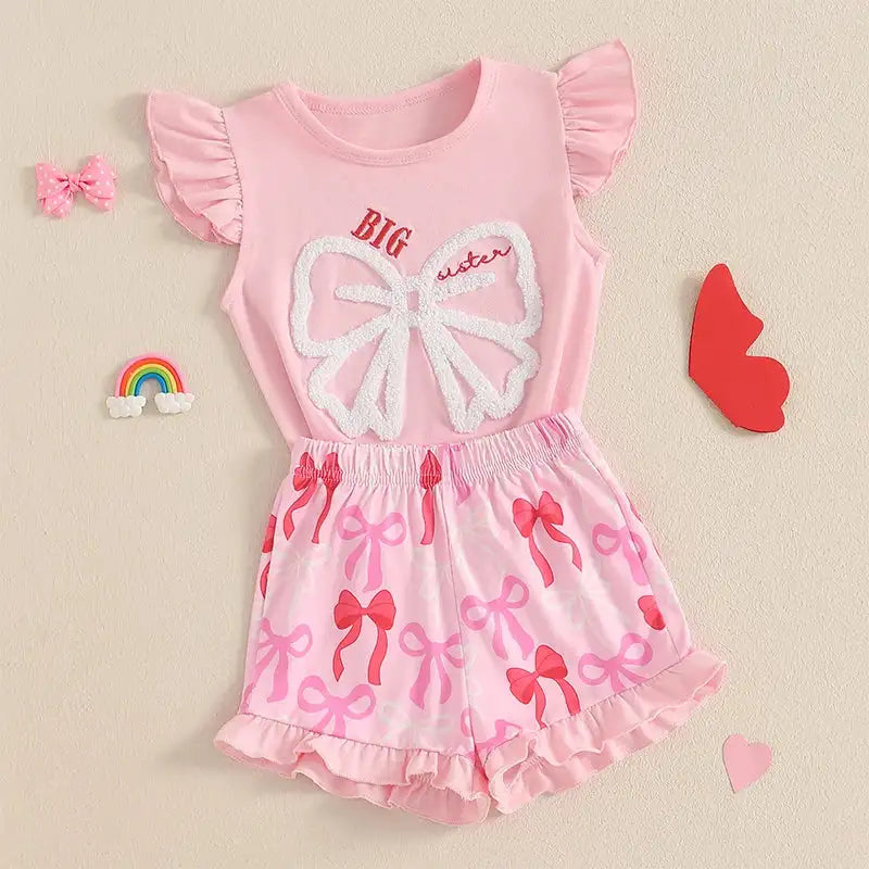 Cute Matching Baby Toddler Brother Outfit Bow Fly Sleeve Tops Elastic Waist Ruffle Shorts 2 Piece Summer Set for Siblings