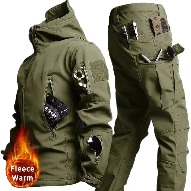 Camo Winter Tactical Sets Men Shark Skin Soft Shell Hooded Jacket+Multi-pocket Straight Cargo Pant 2Pcs Suits Waterproof Set Lootquake LLC