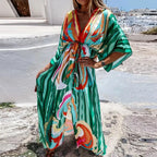 2023 Women Gorgeous Boho Print Maxi Beach Dress Summer Deep V Slit Elastic Waist Party Dress Elegant Holiday Long Dress Vestidos