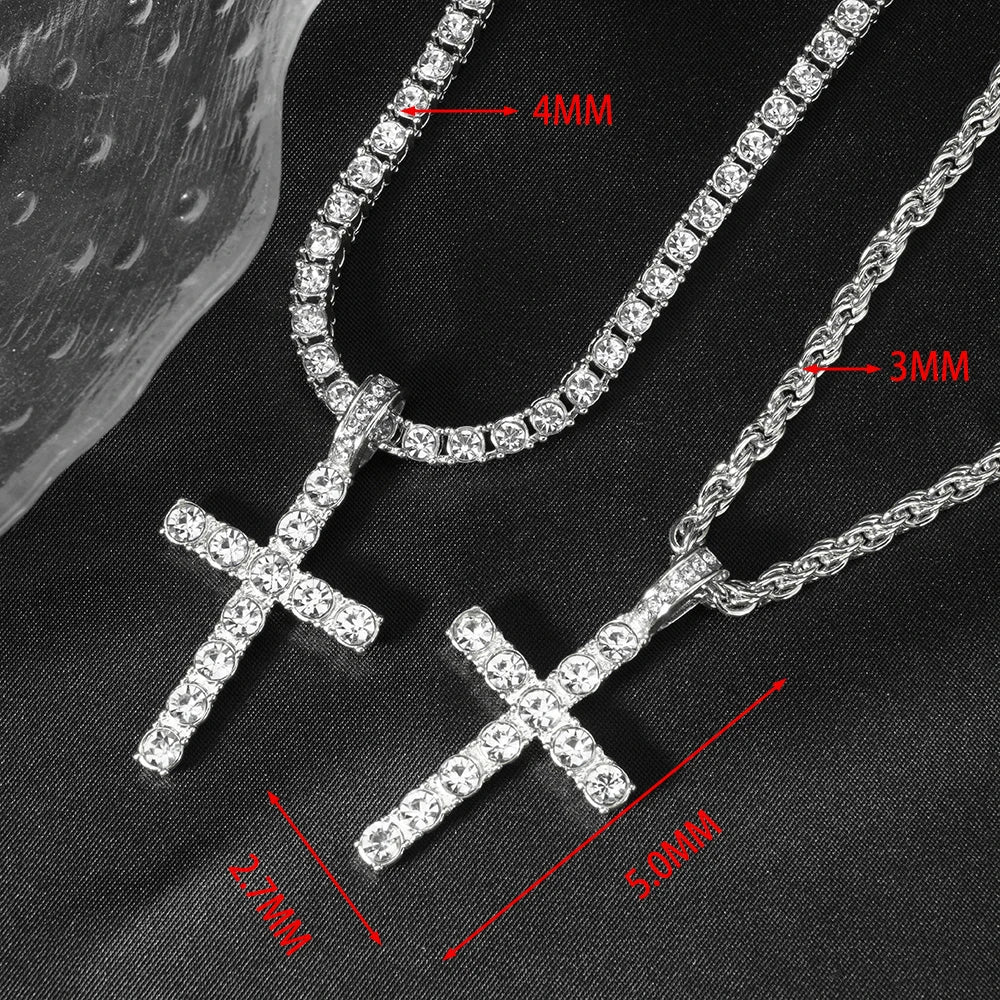 Hip Hop Cross Pendant Necklace Strap 4mm Zircon Tennis Chain Iced Out Sparkling Necklace Men Women Punk Jewelry Fashion Gift Lootquake LLC