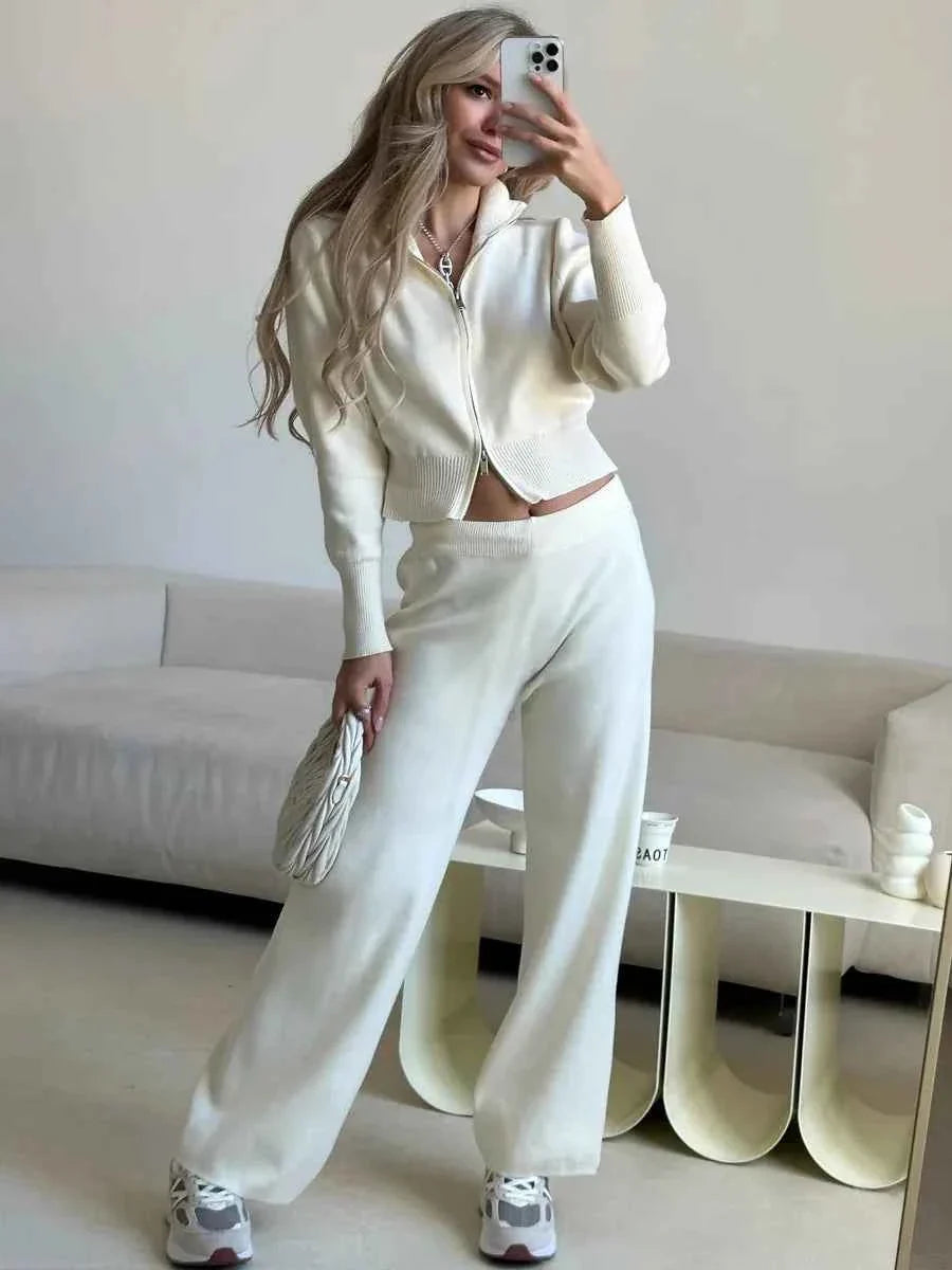 Knit Zip Cardigan & Wide Leg Pants Set THRIXINE