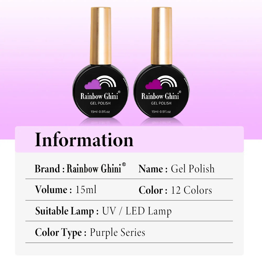 Rainbow Ghini UV LED Glitter Purple Gel Nail Polish 15ml Manicure Art Accessories Nail Glue Supplies for Professionals Varnishes Lootquake LLC