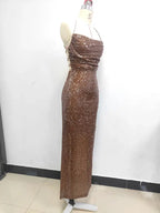 New Sexy Sleeveless Backless Lace-up Slim Long Dress Summer Elegant Pleated Backless Bright Sequins Dress Luxury Evening Dresses