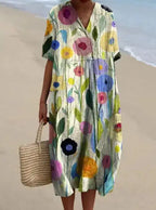 Casual Short Sleeved V-neck Big Swing Dress 2024 New Women's Loose Printed Long Dress Female Retro Flower Print Pullover Dresses