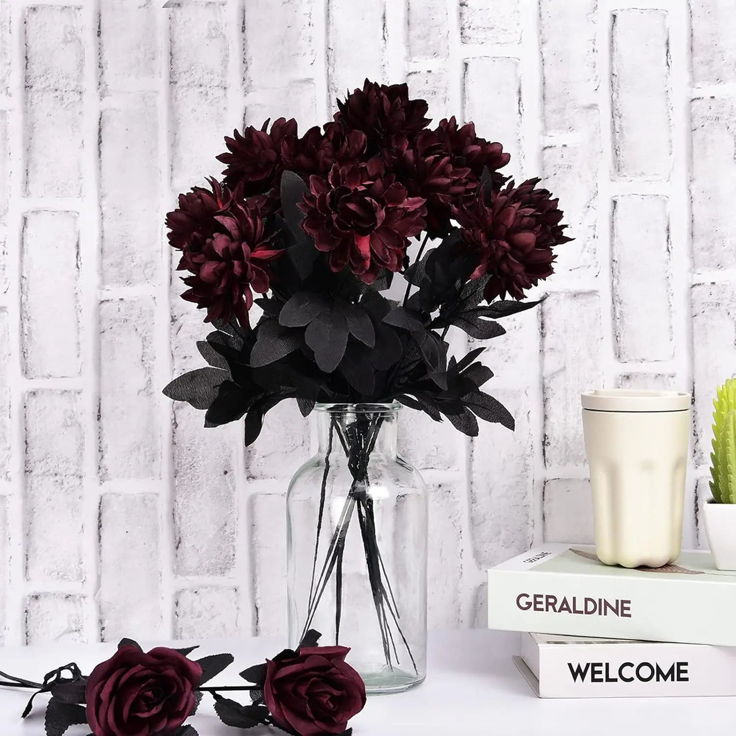 Halloween Decoration Burgundry Dahlia Black Artificial Flower Branch Arrangement Materials Fake Flower Table Home Party Decor Lootquake LLC