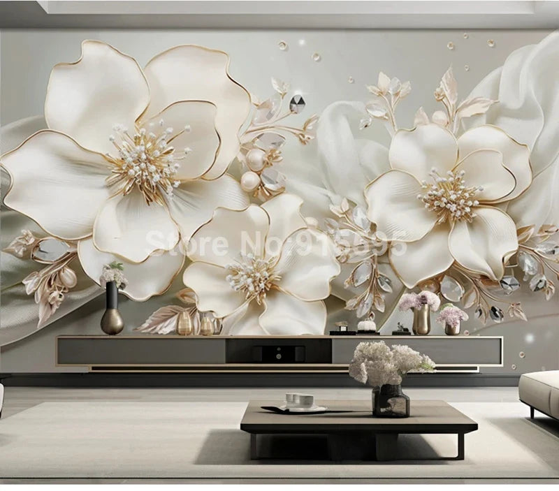 Custom Large Size Modern Wallpaper 3D Embossed Flowers Jewelry Mural Paper TV Background Wall Living Room Decor Home Improvement Lootquake LLC