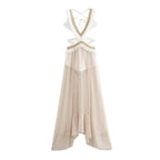 2024 Summer Beach Party Robes Women Fashion Deep V Neck Sleevelss See Through Dresses Sexy Printed Tassels Patchwork Long Dress