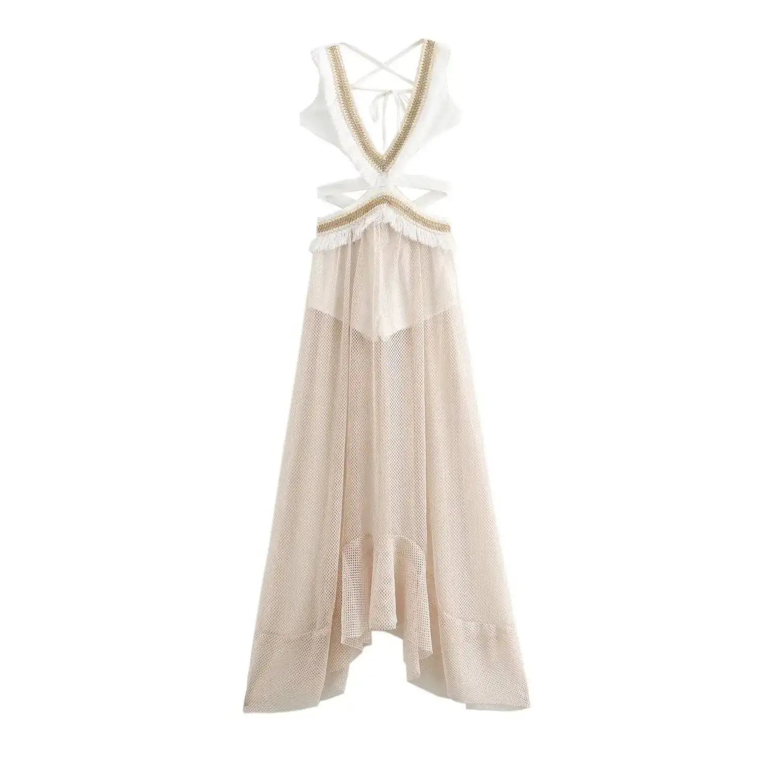 2024 Summer Beach Party Robes Women Fashion Deep V Neck Sleevelss See Through Dresses Sexy Printed Tassels Patchwork Long Dress