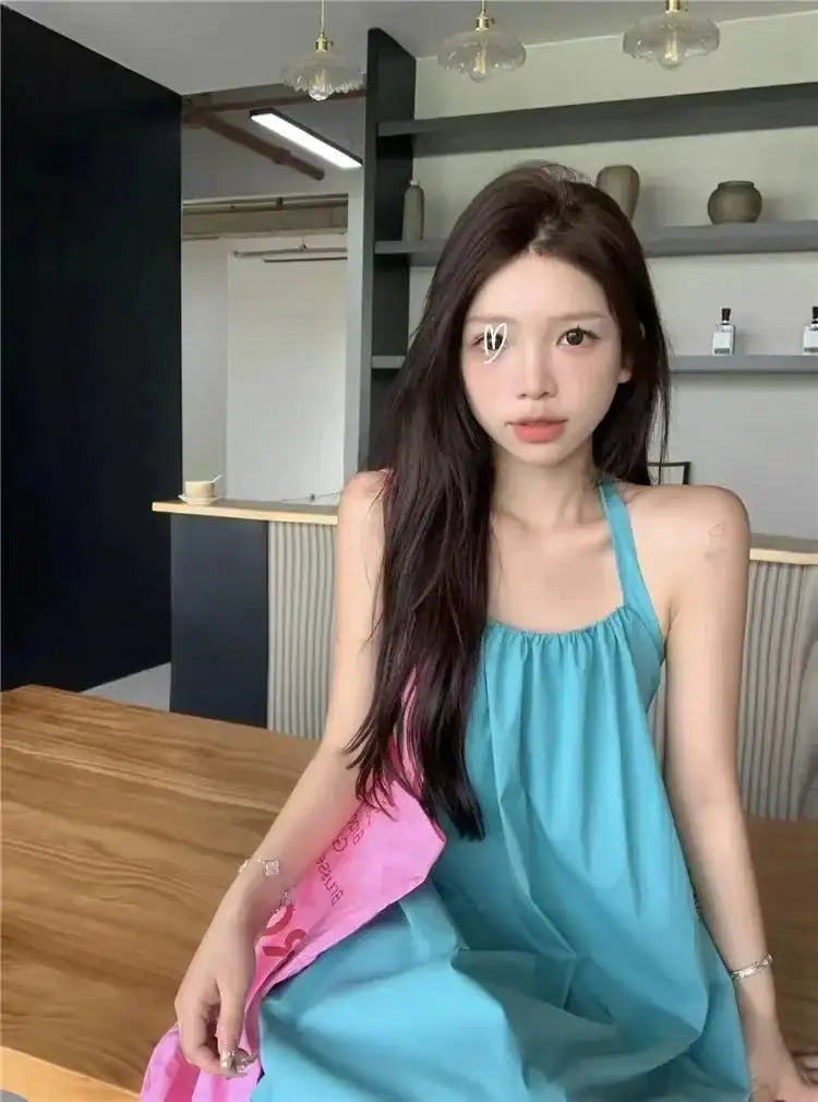 Summer Vacation Dress Thailand Style Open-back Halter Neck Age-reducing Photography Beach Long Dress Belted