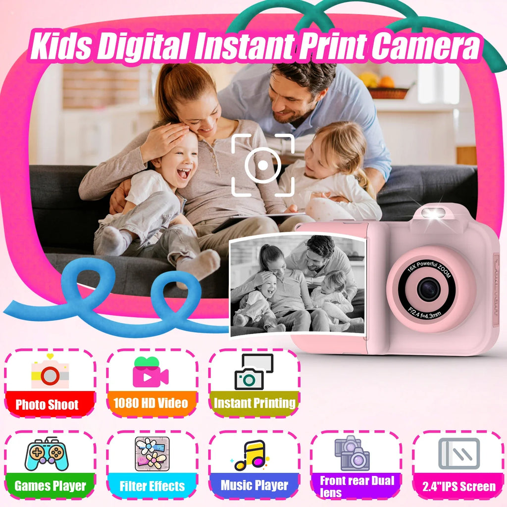 Instant Print Camera For Kids Mini Digital Video Camera Dual Lens Photo Printing Thermal Paper Toys Camera Boys Girls Gifts Lootquake LLC