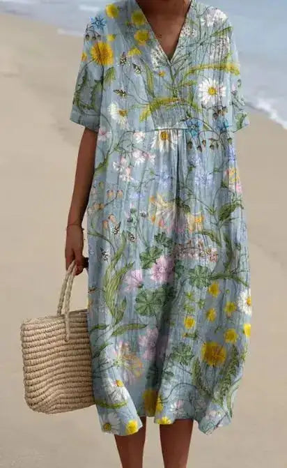Casual Short Sleeved V-neck Big Swing Dress 2024 New Women's Loose Printed Long Dress Female Retro Flower Print Pullover Dresses