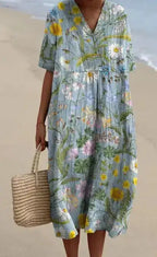 Casual Short Sleeved V-neck Big Swing Dress 2024 New Women's Loose Printed Long Dress Female Retro Flower Print Pullover Dresses
