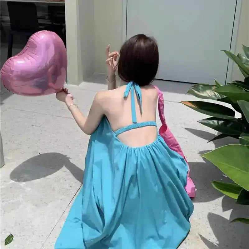 Summer Vacation Dress Thailand Style Open-back Halter Neck Age-reducing Photography Beach Long Dress Belted