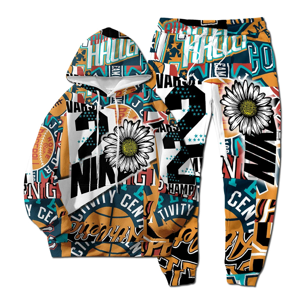 European New Style Letter Hip-hop 3D Digital Printing Fashion Casual Sports Youth Men And Women Hoodie Long Pants 2-Piece Sets Pi-Mart