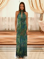 Sexy See Through Deep V Neck Maxi Dress Backless Sleeveless Lace Up Halter Robes Printed Party Vestidos 2025 New Lady Dresses