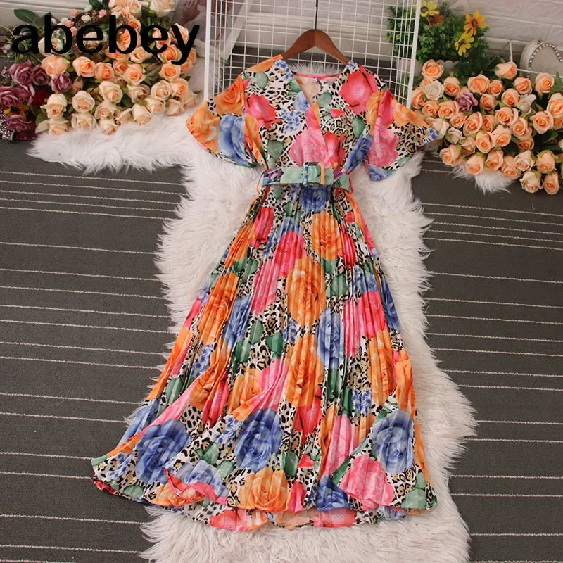 Women Dress Fashion Vintage Ins Bandage Slim Waist A-line Long Dress Vacation Beach Summer Outfits Lady Robe Femme Lootquake LLC