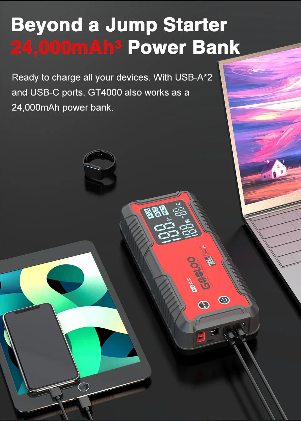 GOOLOO 4000A 12V Charger External Battery Booster 24000mah Car Jump Starter Car Battery PD100W Fast Charging Portable Power Bank Lootquake LLC