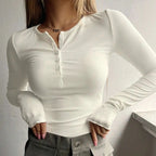 Ribbed Bliss: Women's Button Front Tee THRIXINE