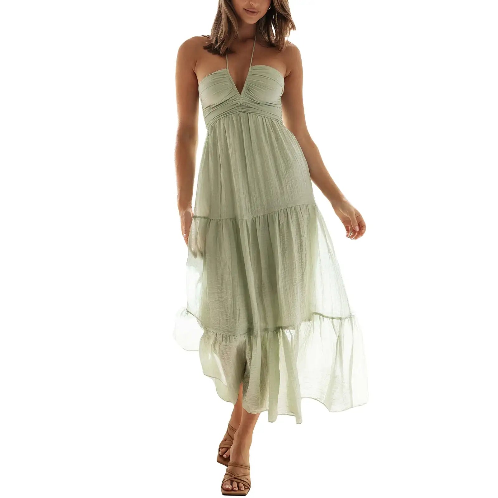 Women Low Cut Backless Maxi Dresses Elegant Spaghetti Strap Tiered Long Dress Relax Fit Open Back Cutout Flowy Sundress