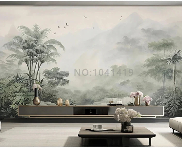 Tropical Green Plants Coconut Trees Distant Mountain Birds 3D Mural Wallpaper Restaurant Clubs KTV Bar Modern Personality Murals Lootquake LLC