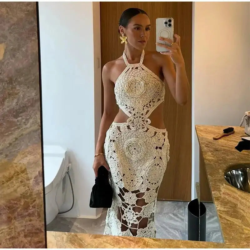 Fashion Hollow Out Halter Maxi Dress For Women 2024 Sexy Sleeveless Backless Long Dress Holiday Hook Flower Knitted Beach Robe