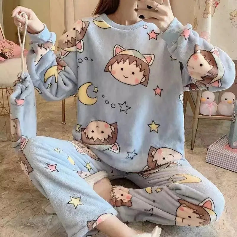 Thickened Warm Sleepwear for Winter Plus Size Padded Flannel Long Sleeve Student Pajamas Loungewear Two Piece Nightwear Homewear Lootquake LLC
