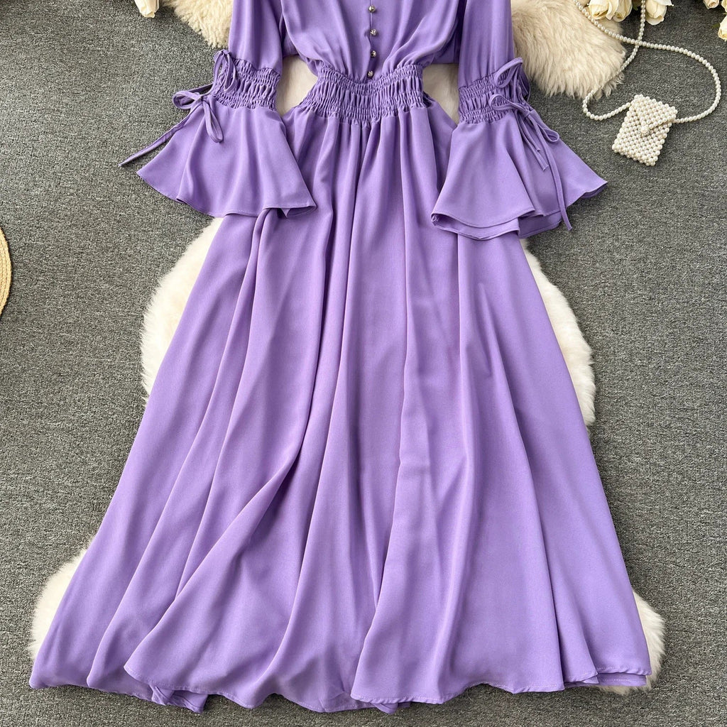 Purple/Green/Red Pleated Maxi Long Dress Women Vintage V-Neck Flare Sleeve Draped Ruffle Vestido Female Maxi Robe Summer Lootquake LLC