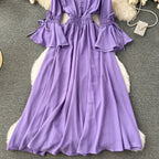 Purple/Green/Red Pleated Maxi Long Dress Women Vintage V-Neck Flare Sleeve Draped Ruffle Vestido Female Maxi Robe Summer Lootquake LLC