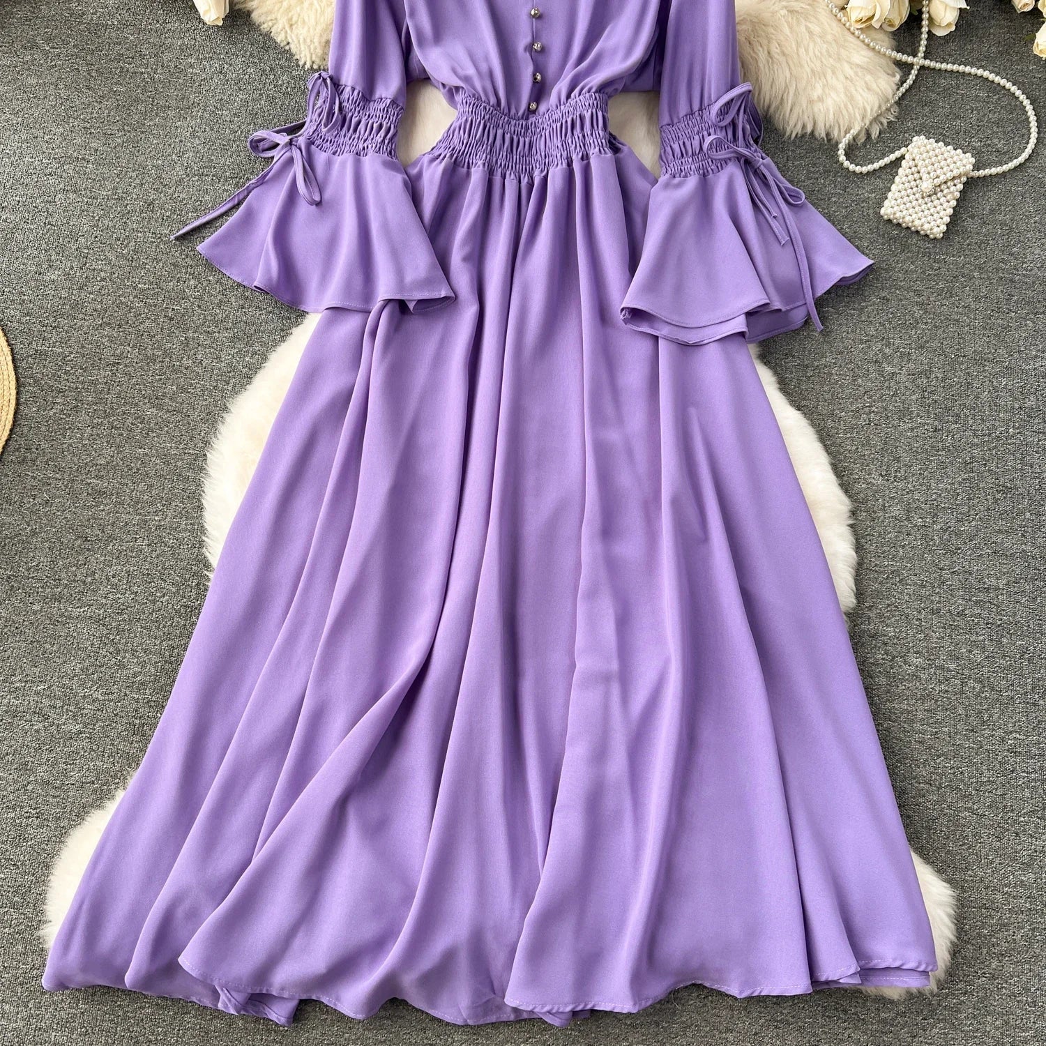Purple/Green/Red Pleated Maxi Long Dress Women Vintage V-Neck Flare Sleeve Draped Ruffle Vestido Female Maxi Robe Summer Lootquake LLC