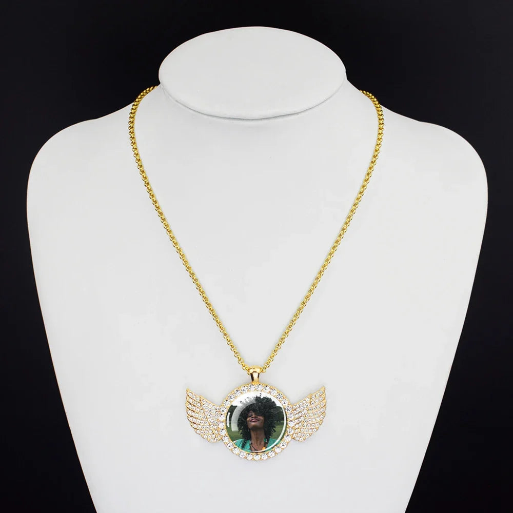 Custom Necklace Personalized Photo Picture Angel Wings Rhinestone Pendant Chains Necklaces Creative Fashion Hip Hop Jewelry Gift Lootquake LLC