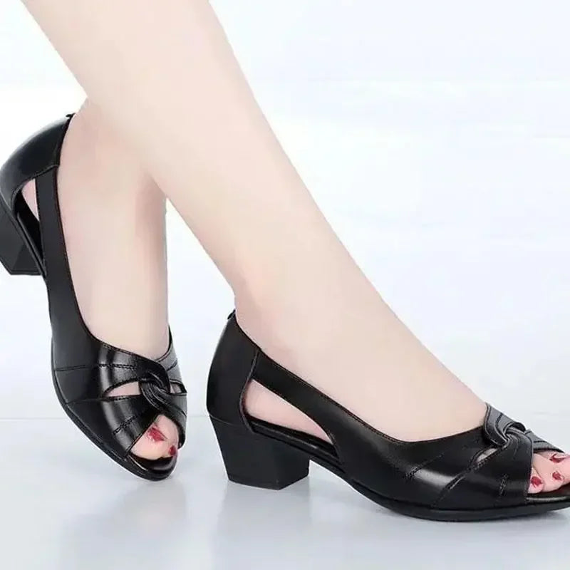 Black Peep Toe Mid Heel Sandals Women's Pumps Square Heel Soft Sole Leather Work Shoes Simple Casual Summer Hollow Out Lootquake LLC