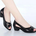 Black Peep Toe Mid Heel Sandals Women's Pumps Square Heel Soft Sole Leather Work Shoes Simple Casual Summer Hollow Out Lootquake LLC