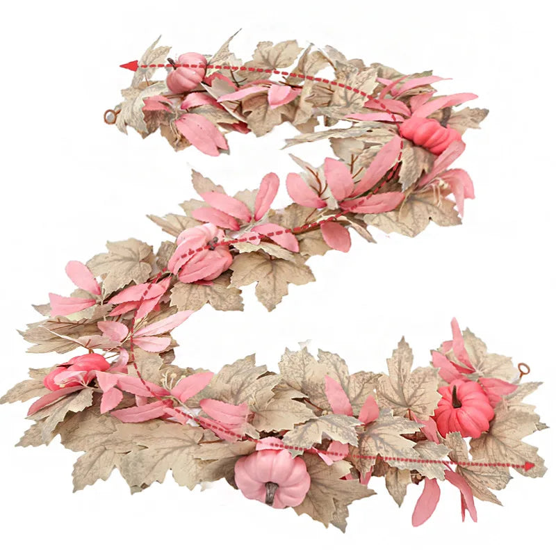 Halloween Thanksgiving Pink Decorations Artificial Fall Maple Leaves Garland Autumn Hanging Pink Pumpkins Flowers Berries Rattan Lootquake LLC