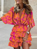 Women Fall V-Neck Loose Batwing Hafl Sleeve Print Dress Fashion Elegant Lace-up Ruffle Beach Mini Dresses Casual Streetwear 2024