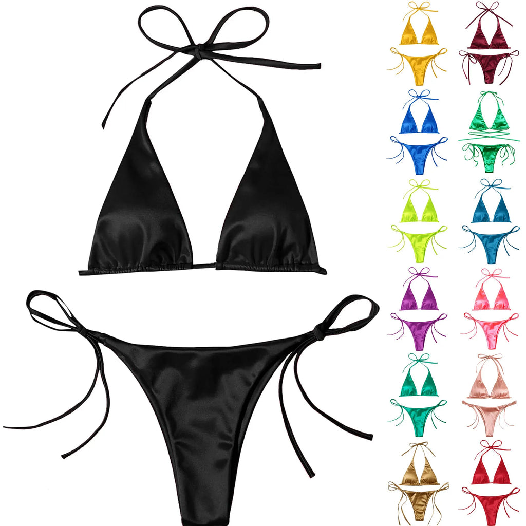 ShimmerWave: Luxe Satin Brazilian Bikini Set THRIXINE