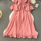 Purple/Green/Red Pleated Maxi Long Dress Women Vintage V-Neck Flare Sleeve Draped Ruffle Vestido Female Maxi Robe Summer Lootquake LLC
