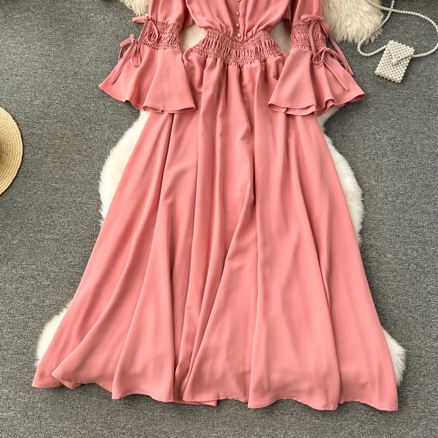 Purple/Green/Red Pleated Maxi Long Dress Women Vintage V-Neck Flare Sleeve Draped Ruffle Vestido Female Maxi Robe Summer Lootquake LLC