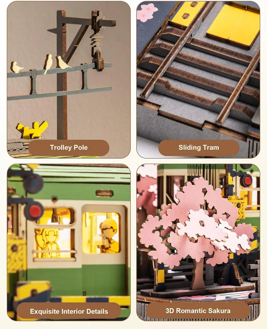 Robotime Sakura Journey Tram 3D Wooden Puzzles with LED Lights Home Decor Gift for Adults Women Girls Lootquake LLC