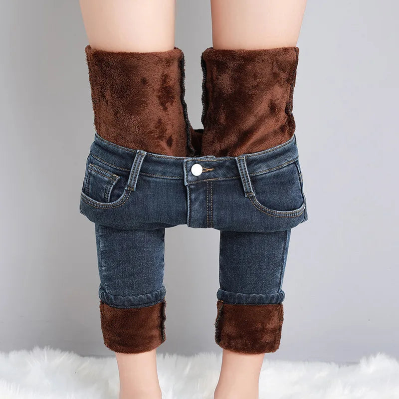 Women Thermal Jeans Winter Snow Warm Plush Stretch Jeans Lady Skinny Thicken Fleece Denim Long Pants Retro Blue Pencil Trousers Lootquake LLC