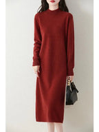 Autumn Winter Women's Wool Long Dress Cashmere Mock Neck Pullover Sweater 100% Merino Wool Soft Knitwear OL Simple Basic Dress Lootquake LLC