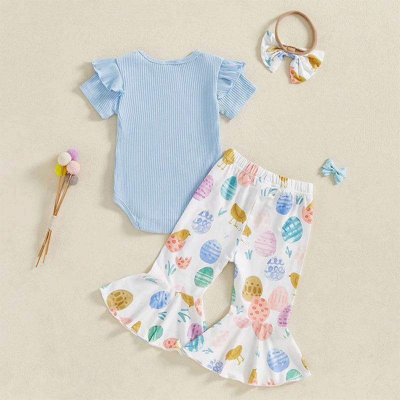 Baby Girls Summer Outfit Short Sleeve Romper with Bunny Eggs Print Flare Pants and Bowknot Headband Easter Outfit Lootquake LLC