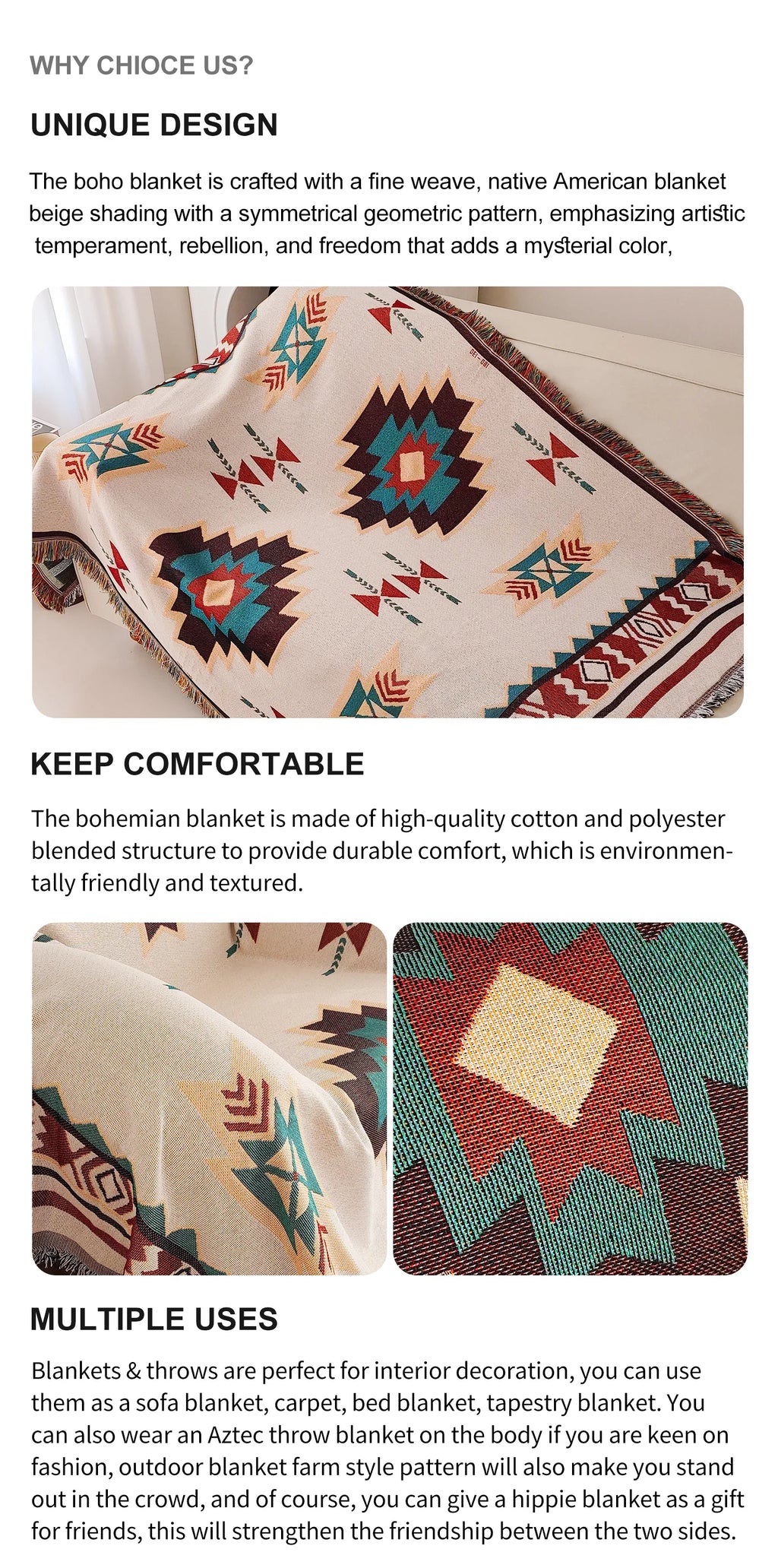 Aztec Blanket, Oversized Boho Throw Blanket with Fringe, Southwestern Geometric Tapestry Vintage Woven Throw Blankets, Double-Si