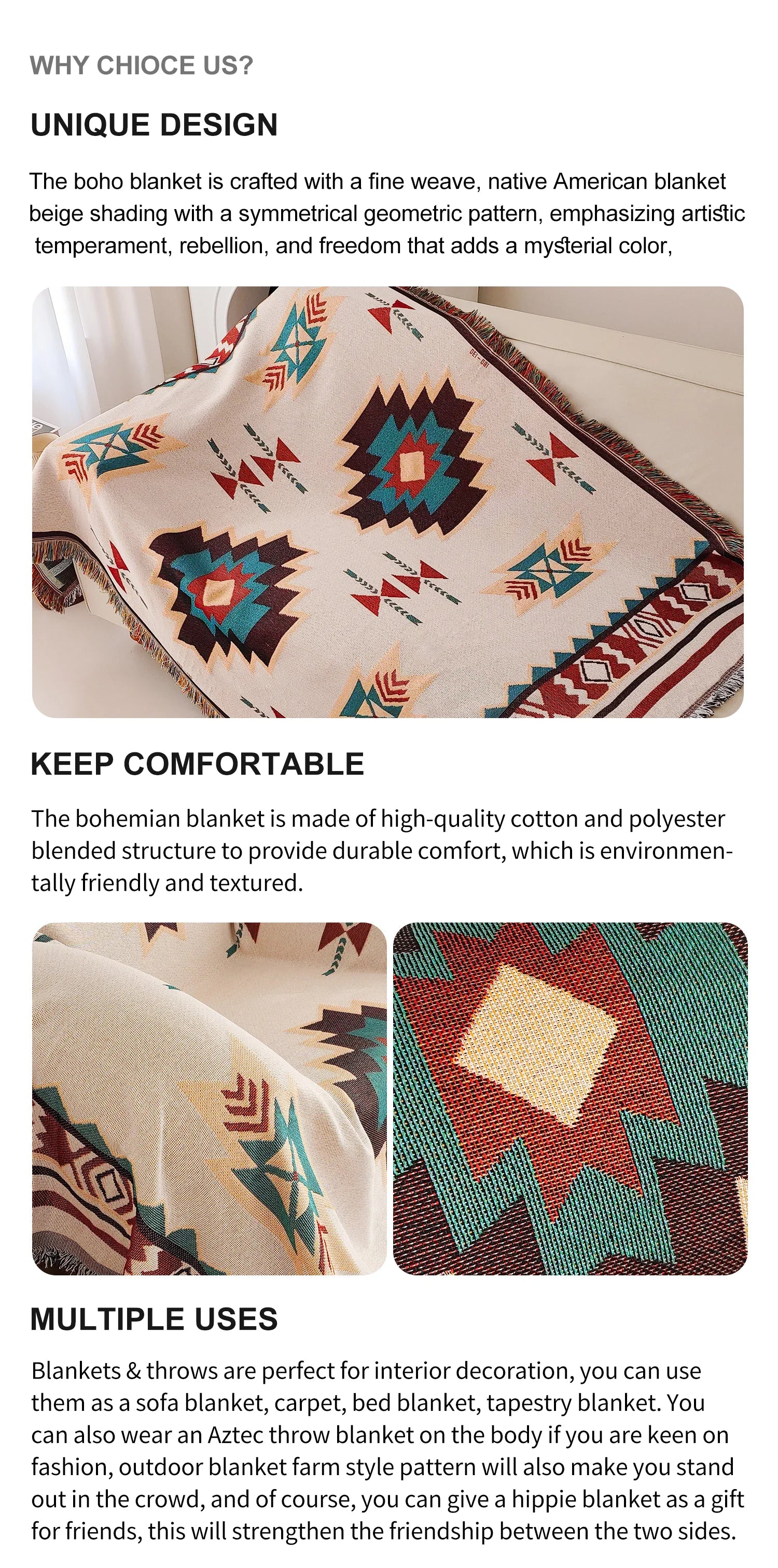 Aztec Blanket, Oversized Boho Throw Blanket with Fringe, Southwestern Geometric Tapestry Vintage Woven Throw Blankets, Double-Si