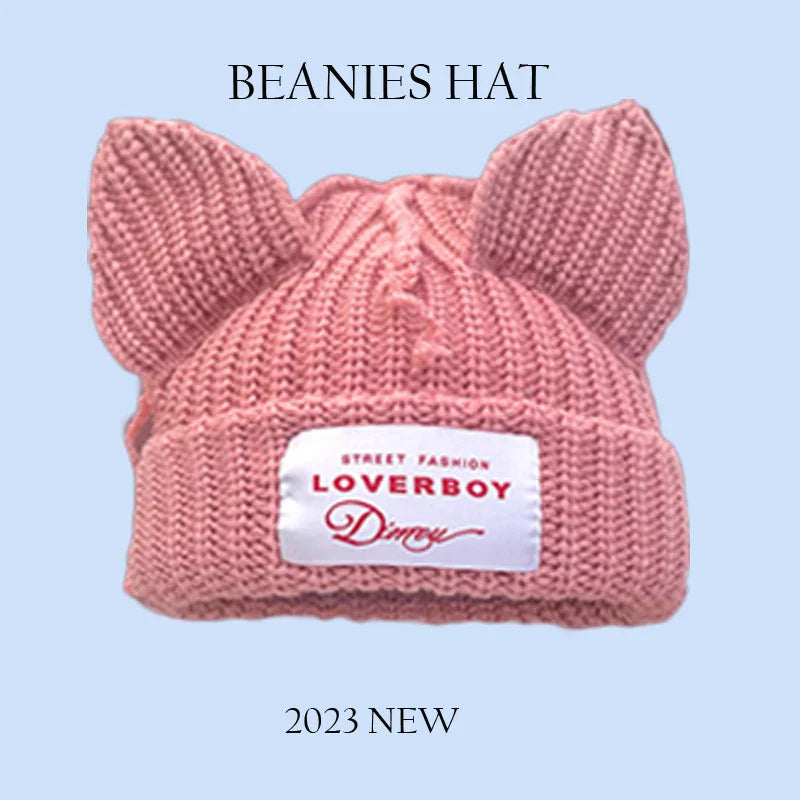 2023 New Long Ear Fox Hat Skullies Beanies Women Cute Rabbit Ears Crochet Knitted Hat Men Winter Hip-hop Warm Cap Christmas Gift Pi-Mart