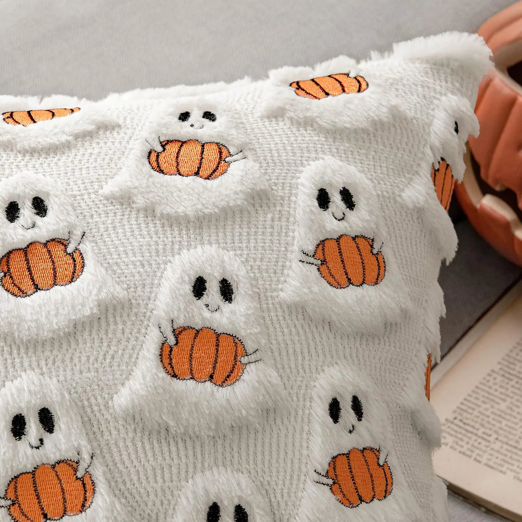 Halloween Decor for Bedroom Bed Living Room Sofa Cushion Cover White45X45CMCute Ghost Pumpkin Plush Faux Fur Pillow Covers Soft Lootquake LLC
